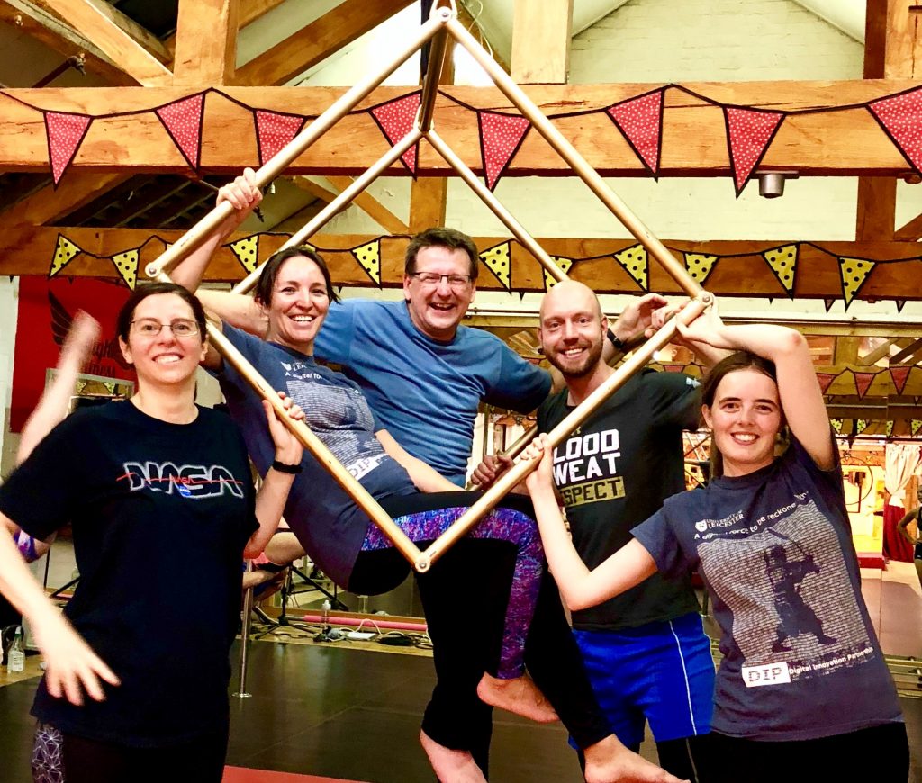 Estefania, Alex, Phil, Mark and Beth enjoying time out with aerial acrobatics.